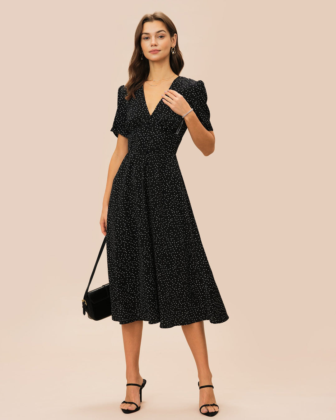 Vestido Midi de Puntos con Escote en V Negro