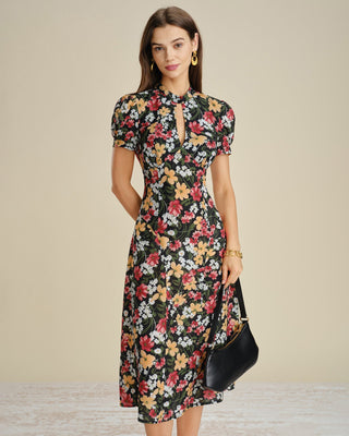 Vestido Midi Floral con Manga Abullonada Negra