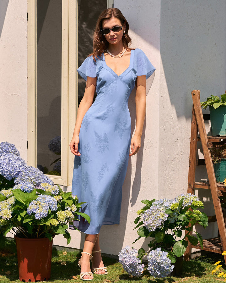 Vestido Midi Floral con Mangas de Mariposa Azules