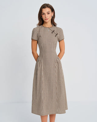 Vestido Midi de Cuadros Marrón con Cuello Redondo