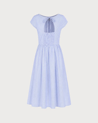 Vestido Midi con Cuello Barco y Fruncidos Azul