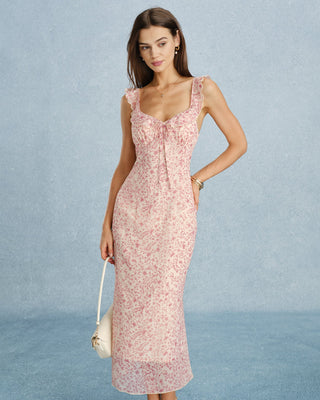 Vestido Midi Rosa con Escote en V y Volantes