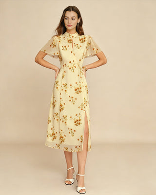 Vestido Midi Floral con Mangas de Mariposa Amarillo