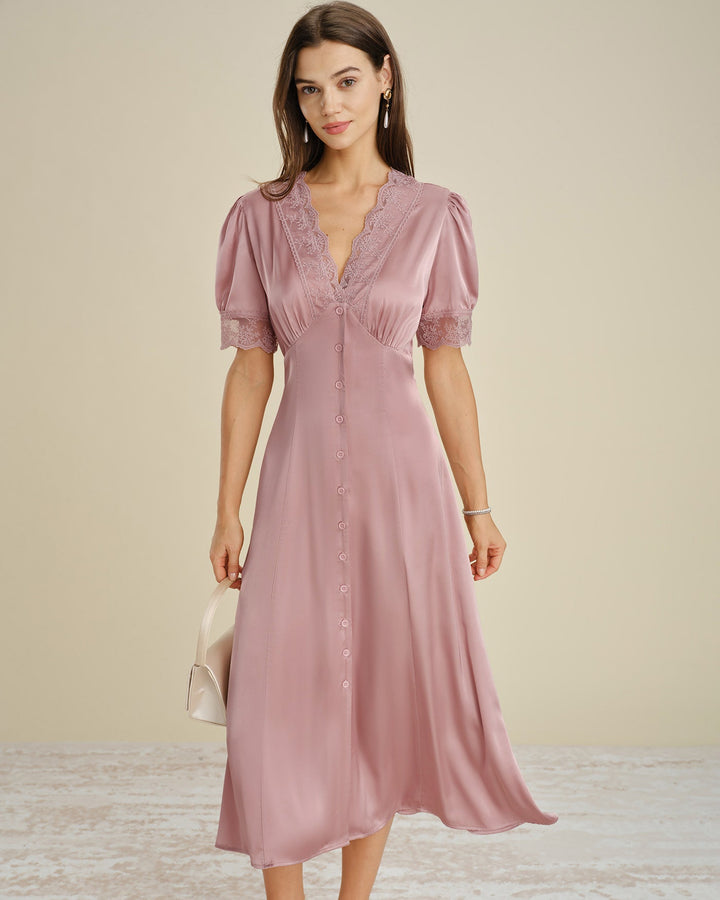 Vestido Midi de Satén con Encaje Rosa