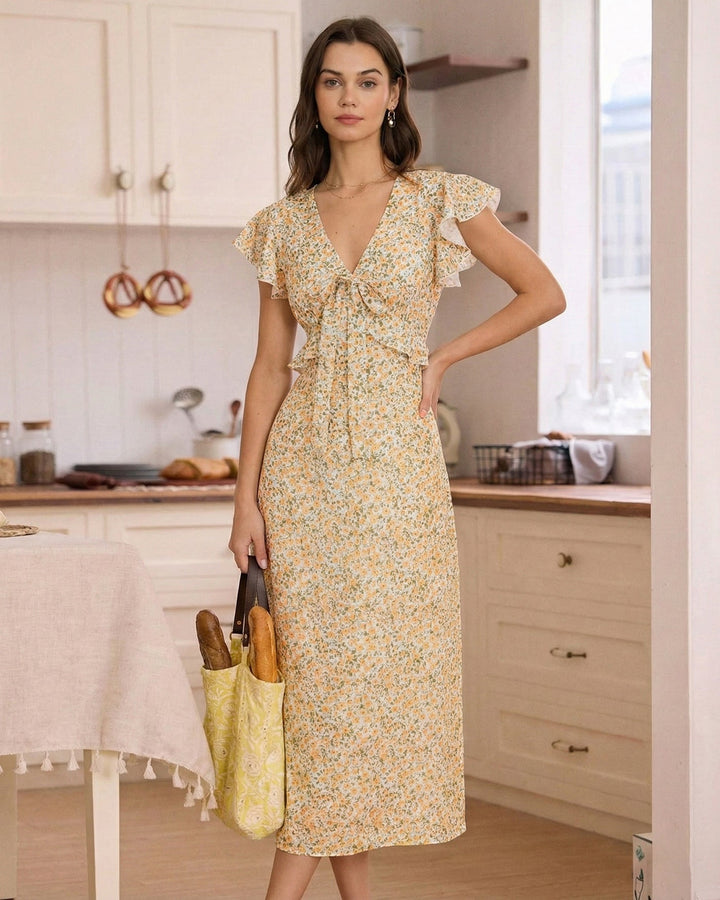 Vestido Midi Floral con Volantes y Cuello en V Amarillo