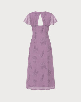 Vestido Midi Floral de Manga Mariposa con Escote en V Morado