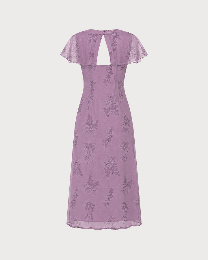 Vestido Midi Floral de Manga Mariposa con Escote en V Morado