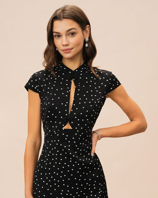 Vestido Midi de Lunares con Cuello Mandarin