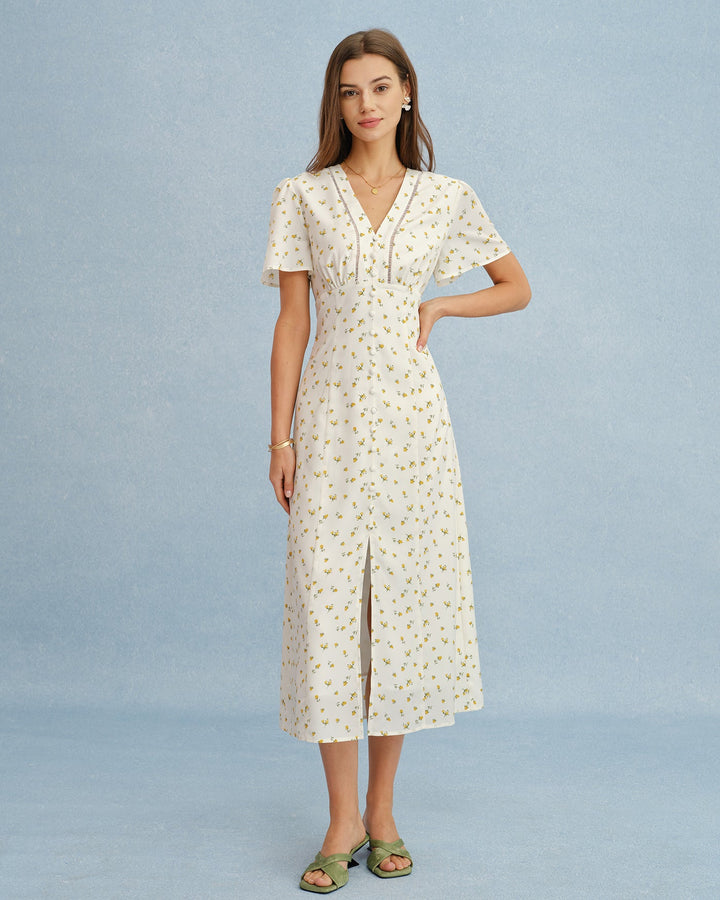 Vestido Midi Floral Amarillo con Escote en V