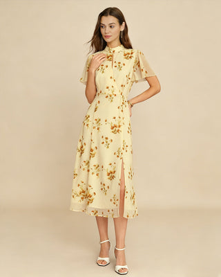 Vestido Midi Floral con Mangas de Mariposa Amarillo
