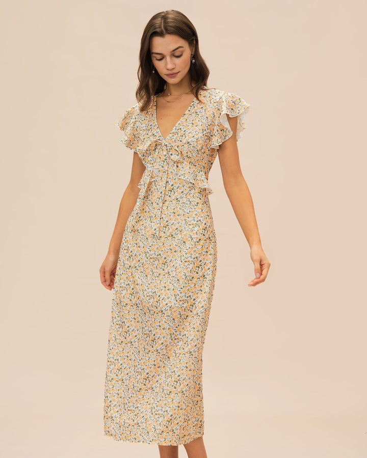 Vestido Midi Floral con Volantes y Cuello en V Amarillo