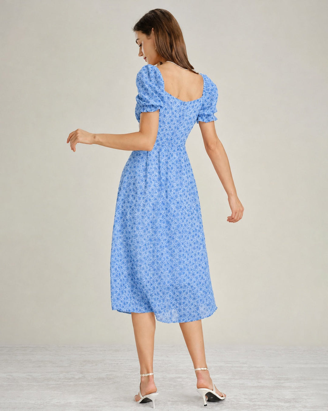 Vestido Midi de Chiffon Floral con Escote Cuadrado Azul