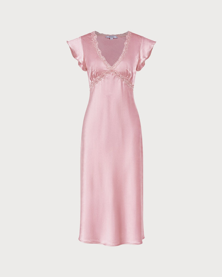 Vestido Midi de Satén con Encaje y Escote en V Rosa