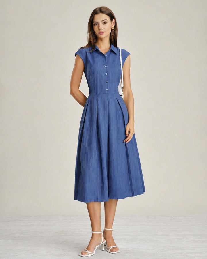 Vestido Midi Botón de Cuello Azul