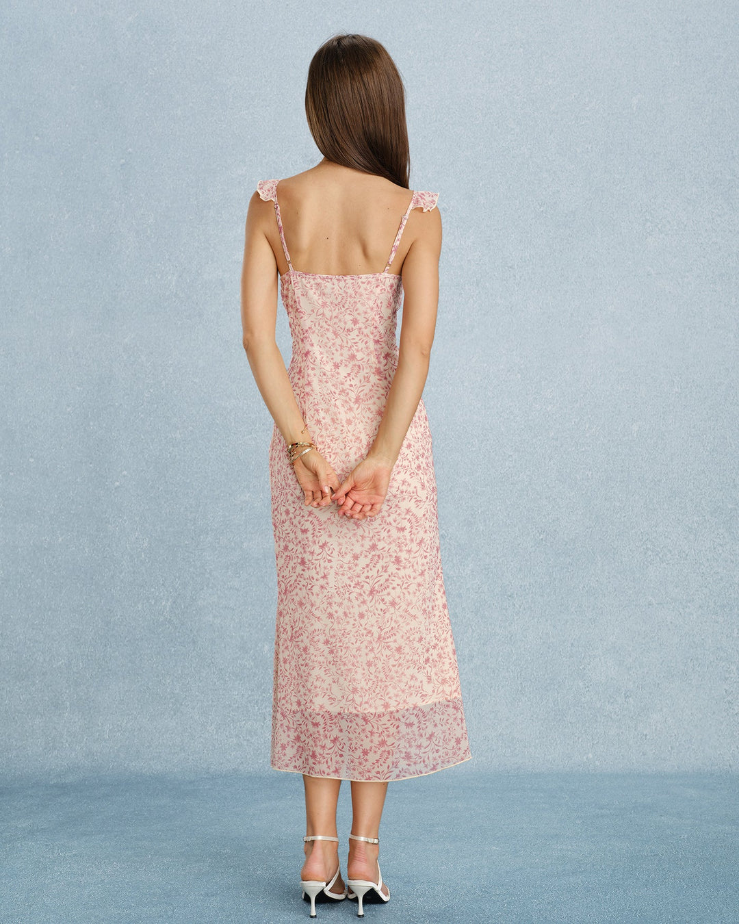 Vestido Midi Rosa con Escote en V y Volantes