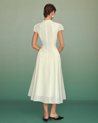 Vestido Midi A-Line de Cuello Alto en Albaricoque