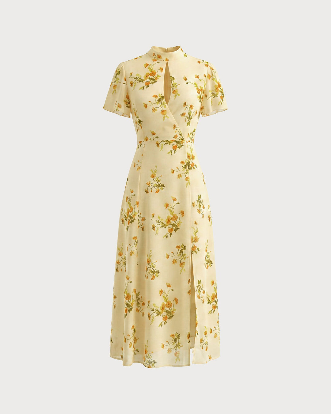 Vestido Midi Floral con Mangas de Mariposa Amarillo