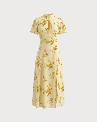 Vestido Midi Floral con Mangas de Mariposa Amarillo