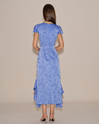 Vestido Midi de Jacquard con Volantes y Cuello Barco Azul