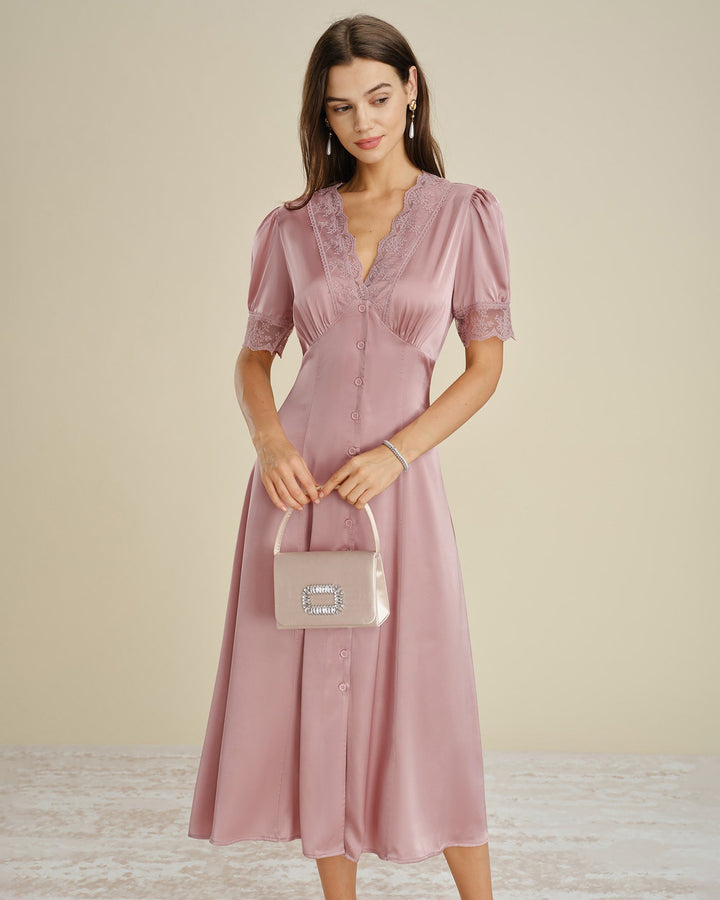 Vestido Midi de Satén con Encaje Rosa