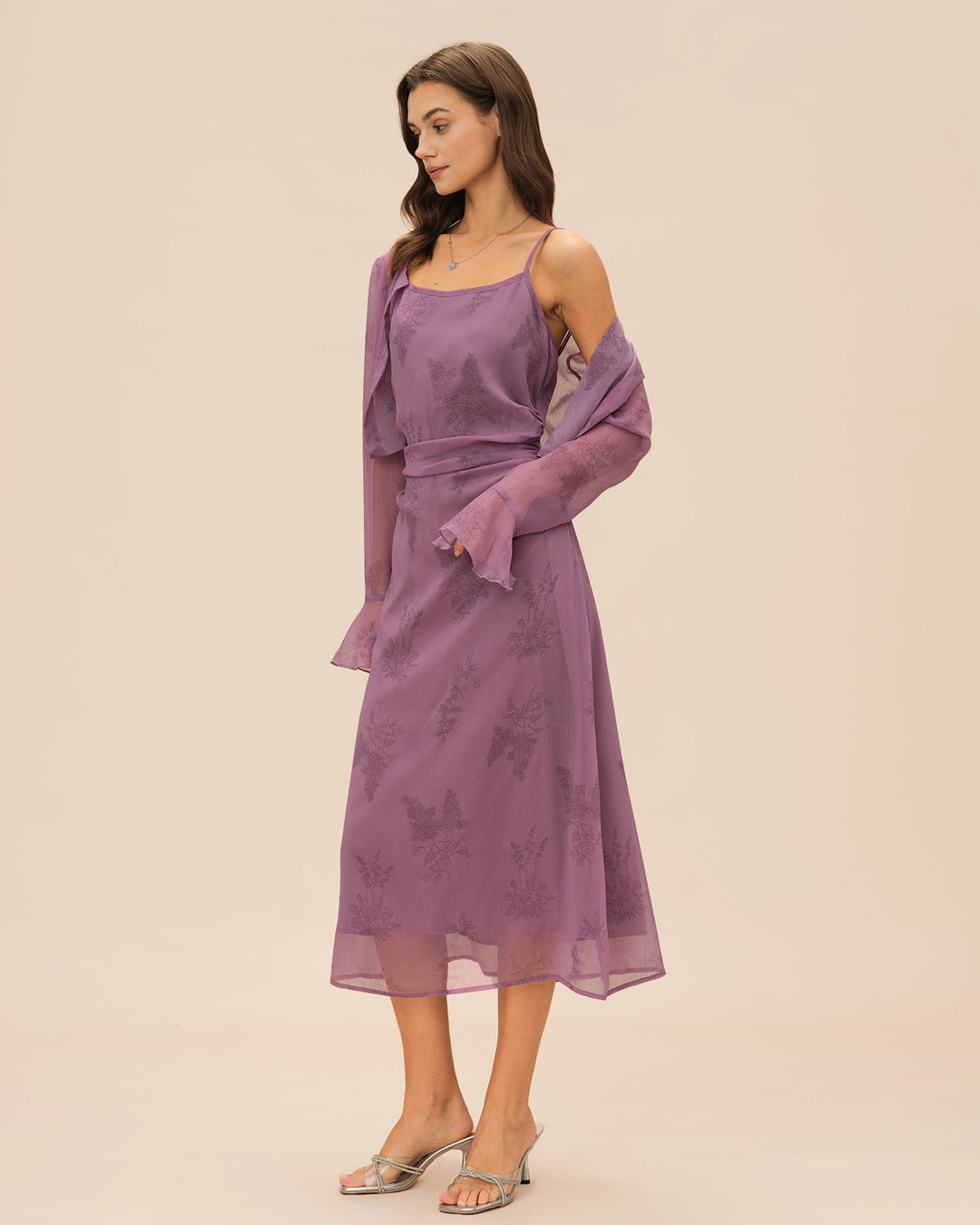 Vestido Midi Slip Arrugado Floral Púrpura