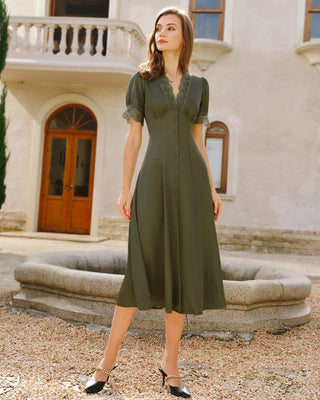 Vestido Midi de Satén Verde con Encaje