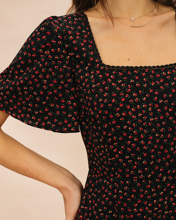 Vestido Midi Floral Negro con Cuello Cuadrado y Mangas de Mariposa