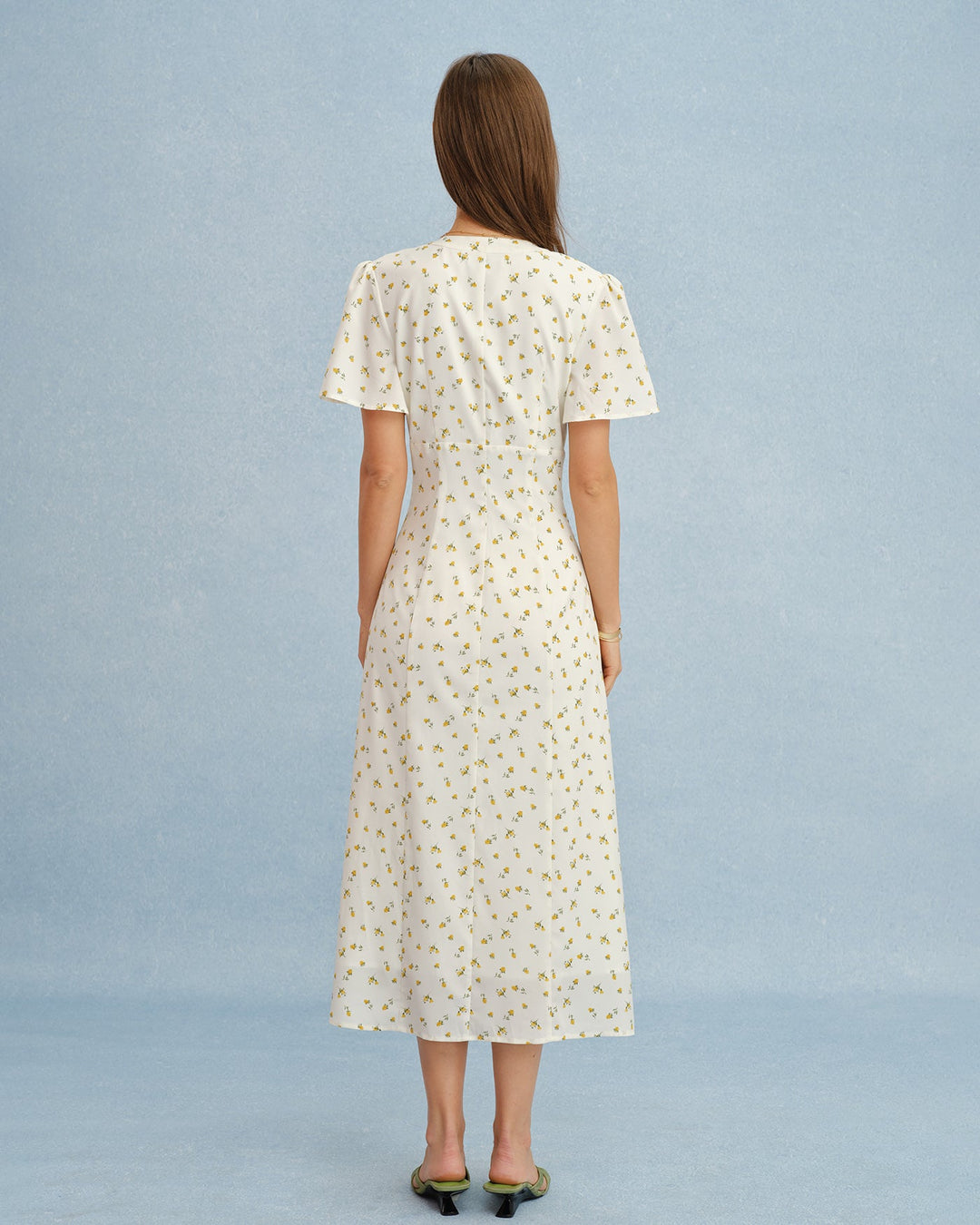 Vestido Midi Floral Amarillo con Escote en V