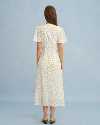Vestido Midi Floral Amarillo con Escote en V