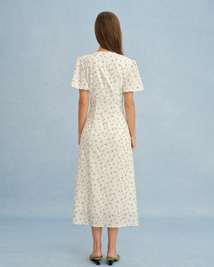 Vestido Midi Floral Amarillo con Escote en V