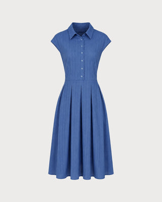 Vestido Midi Botón de Cuello Azul