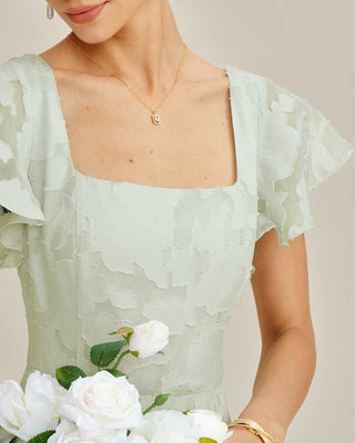 Vestido Midi Texturizado Floral con Escote Cuadrado Verde