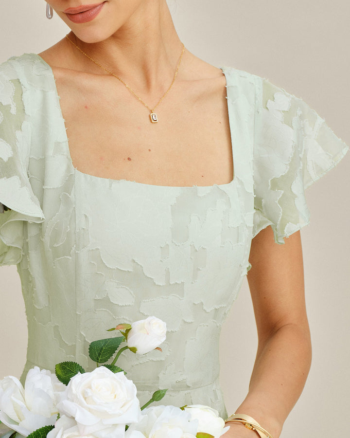 Vestido Midi Texturizado Floral con Escote Cuadrado Verde