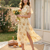 Vestido Midi Floral con Mangas de Mariposa Amarillo