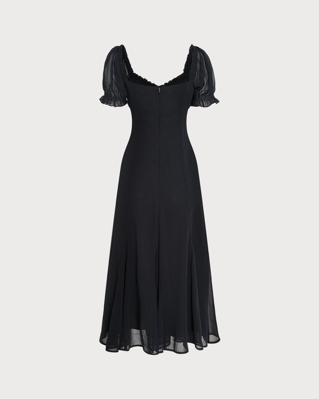 Vestido Midi de Manga Abullonada con Escote en V Negro
