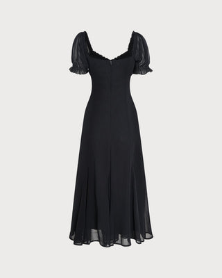 Vestido Midi de Manga Abullonada y Cuello en V Negro