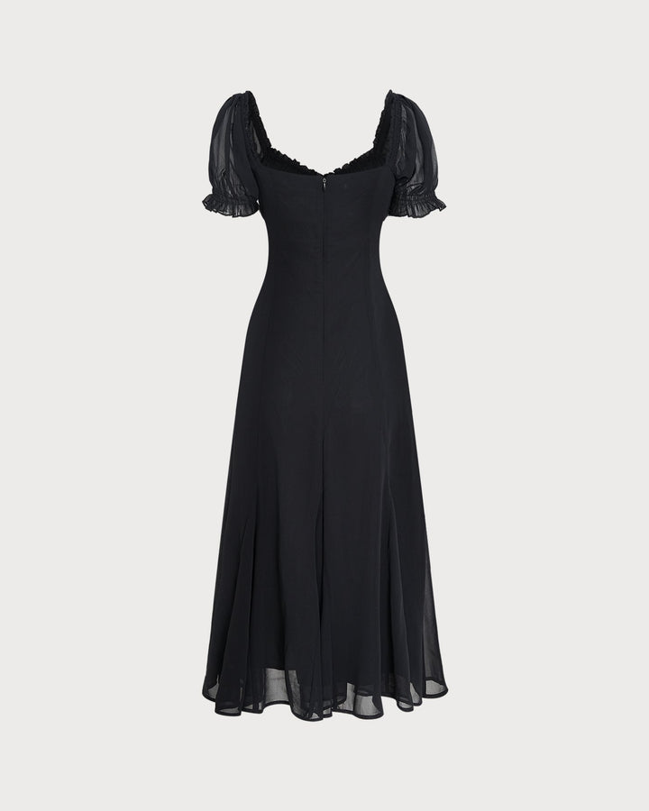 Vestido Midi de Manga Abullonada y Cuello en V Negro