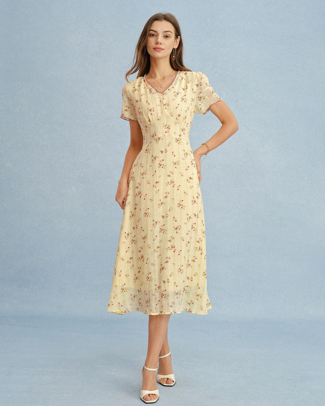 Túnica Midi Floral Amarilla con Cuello en V