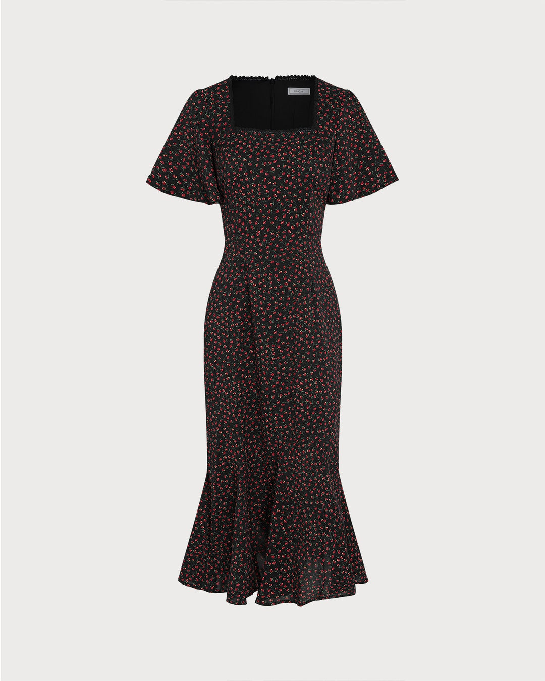 Vestido Midi Floral Negro con Cuello Cuadrado y Mangas de Mariposa