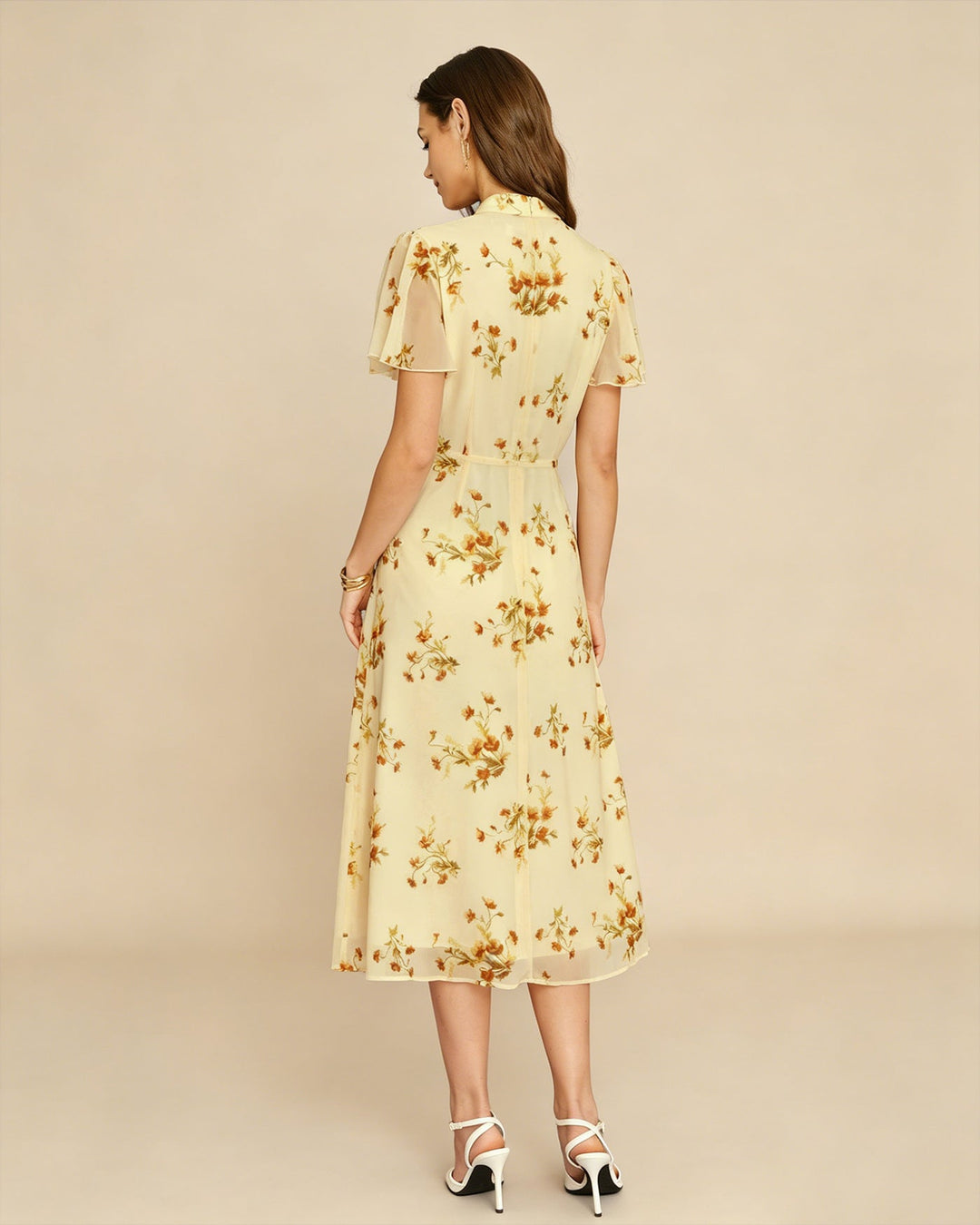 Vestido Midi Floral con Mangas de Mariposa Amarillo