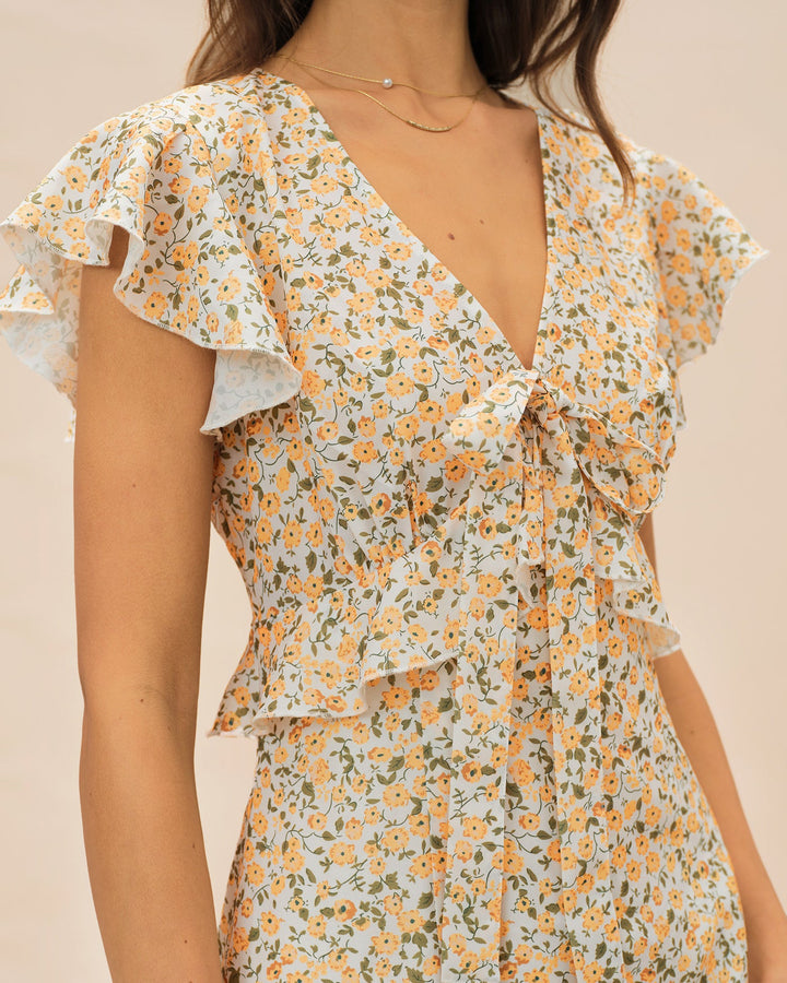 Vestido Midi Floral con Volantes y Cuello en V Amarillo