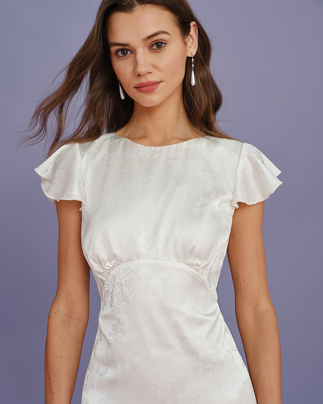Vestido Midi de Jacquard con Volantes y Cuello Barco Beige
