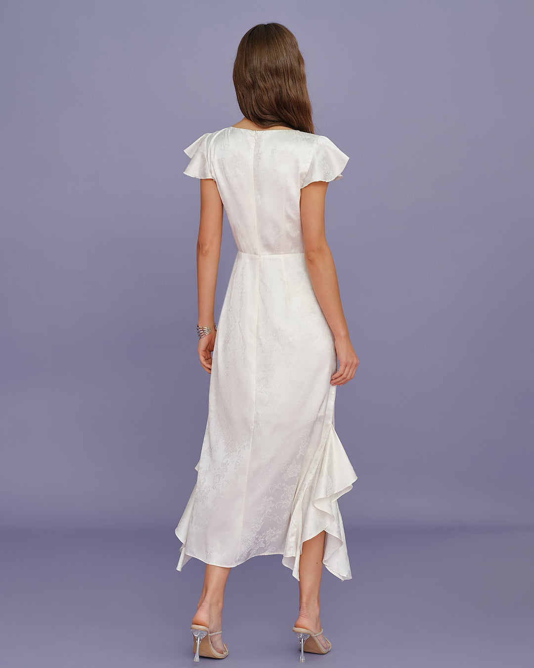 Vestido Midi de Jacquard con Volantes y Cuello Barco Beige