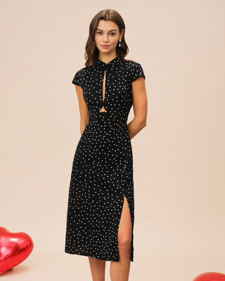 Vestido Midi de Lunares con Cuello Mandarin