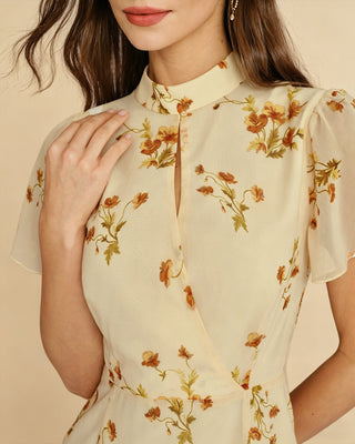 Vestido Midi Floral con Mangas de Mariposa Amarillo