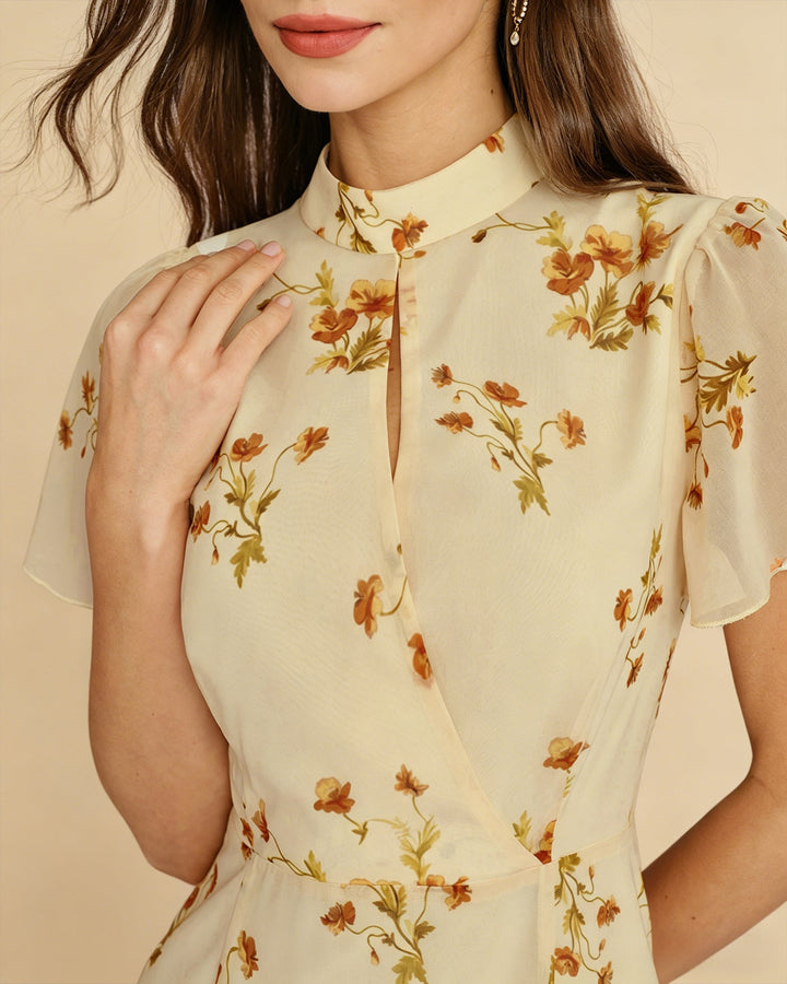 Vestido Midi Floral con Mangas de Mariposa Amarillo