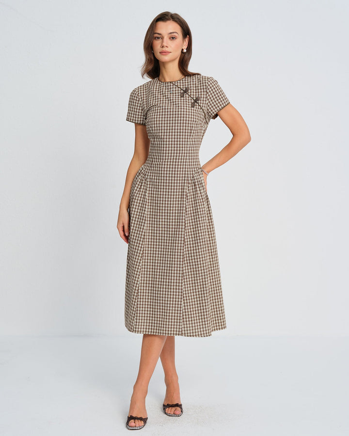Vestido Midi de Cuadros Marrón con Cuello Redondo