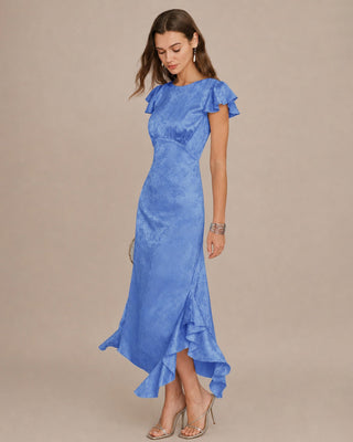 Vestido Midi de Jacquard con Volantes y Cuello Barco Azul
