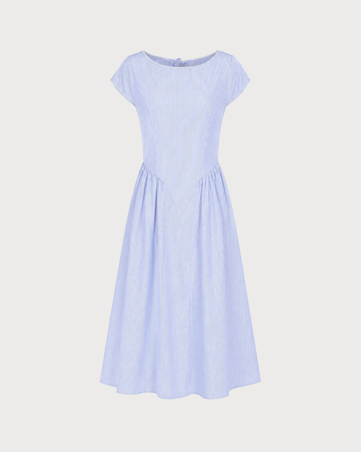 Vestido Midi con Cuello Barco y Fruncidos Azul