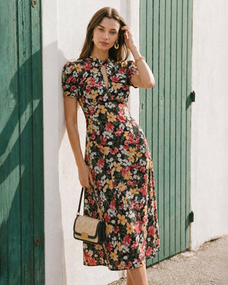 Vestido Midi Floral con Manga Abullonada Negra